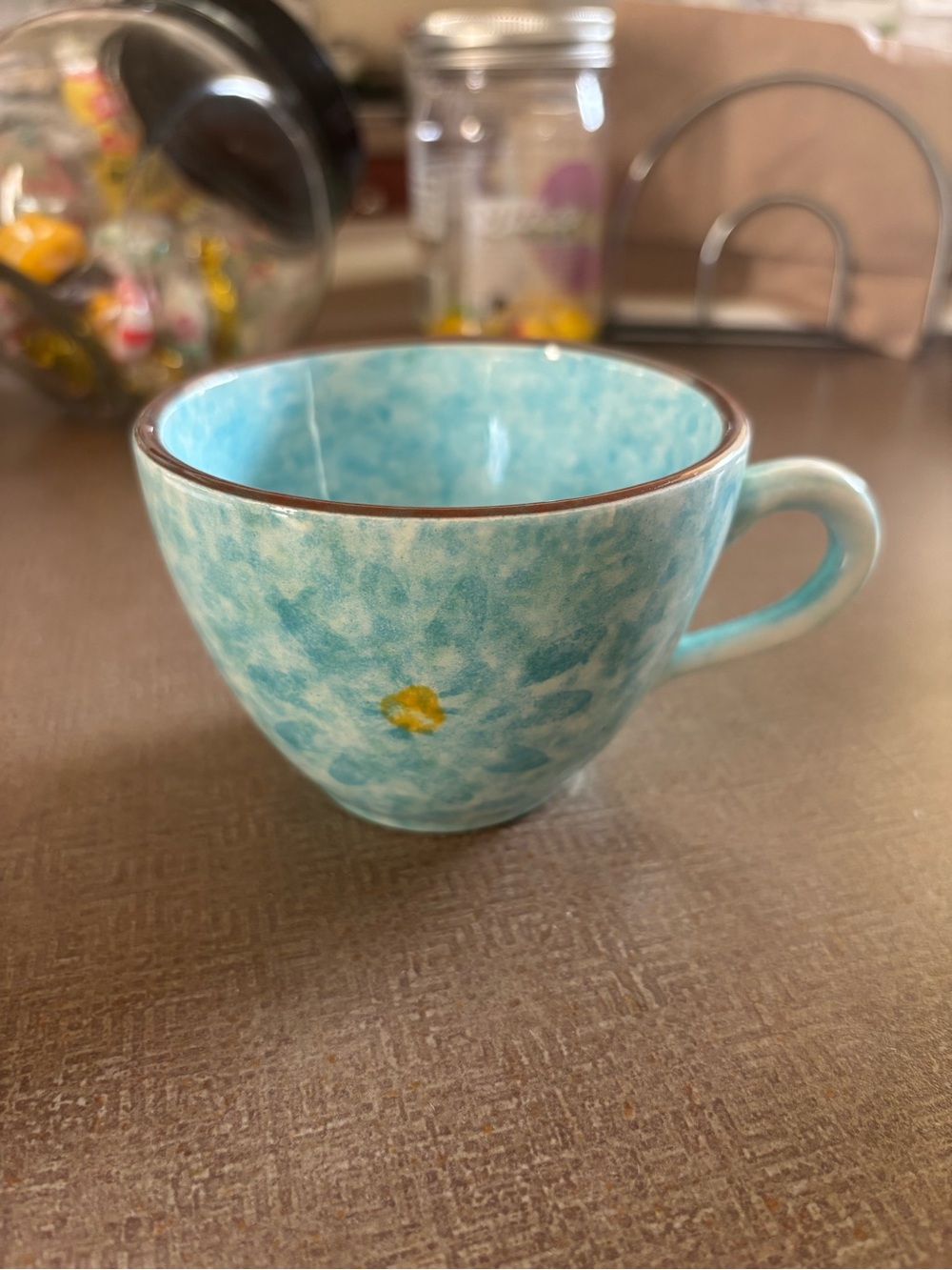 Aqua Speckled Ceramic Teacup with Yellow Detail